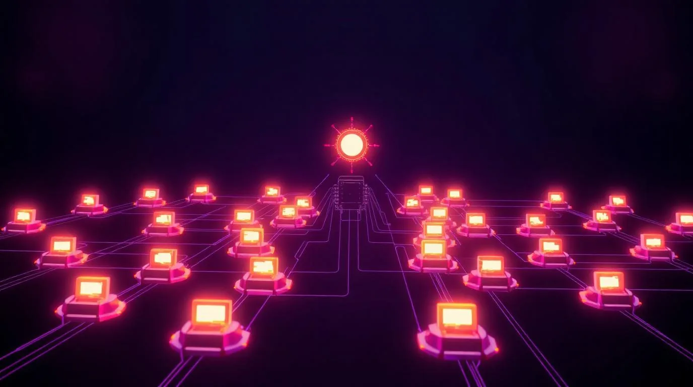 Interlocking node graph of software agents connected by glowing routing paths