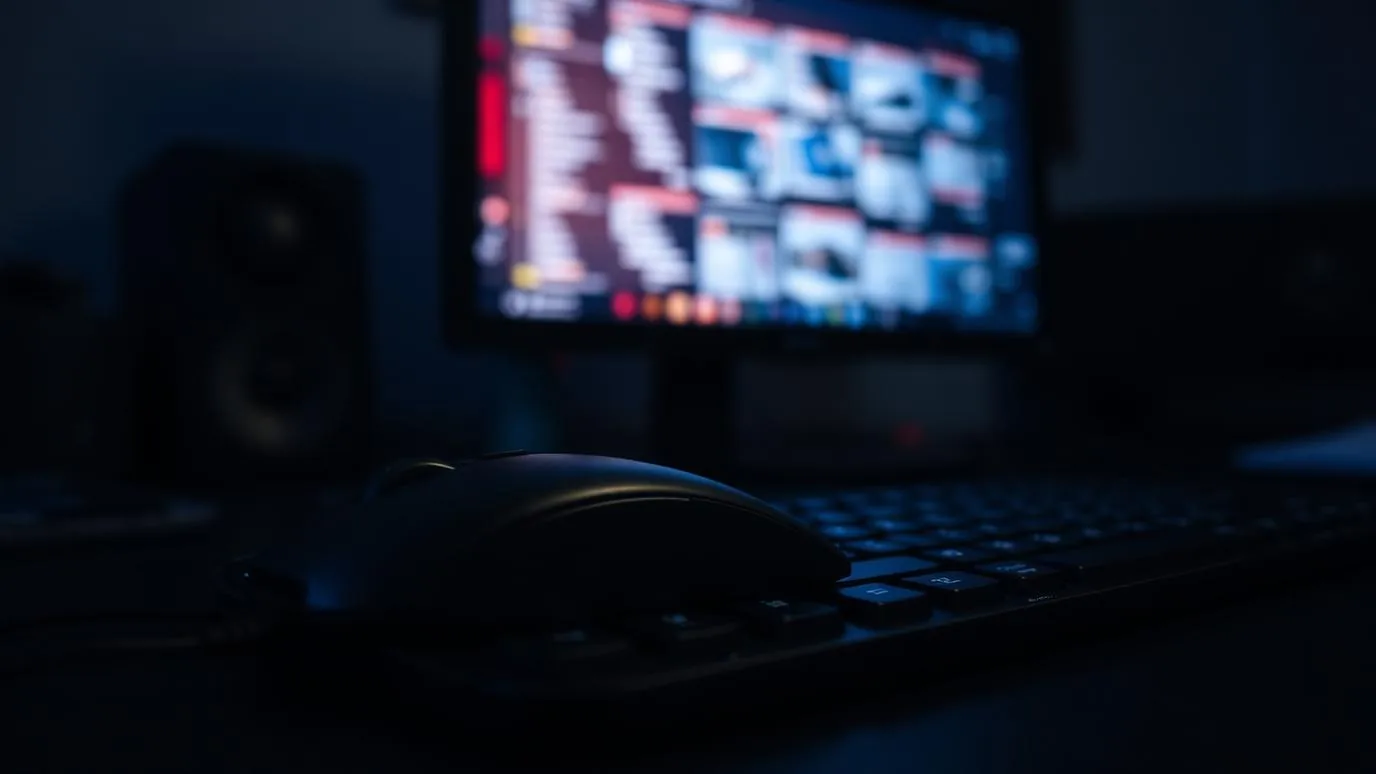 A close-up of a cursor mid-click on a cluttered desktop screen with multiple open windows