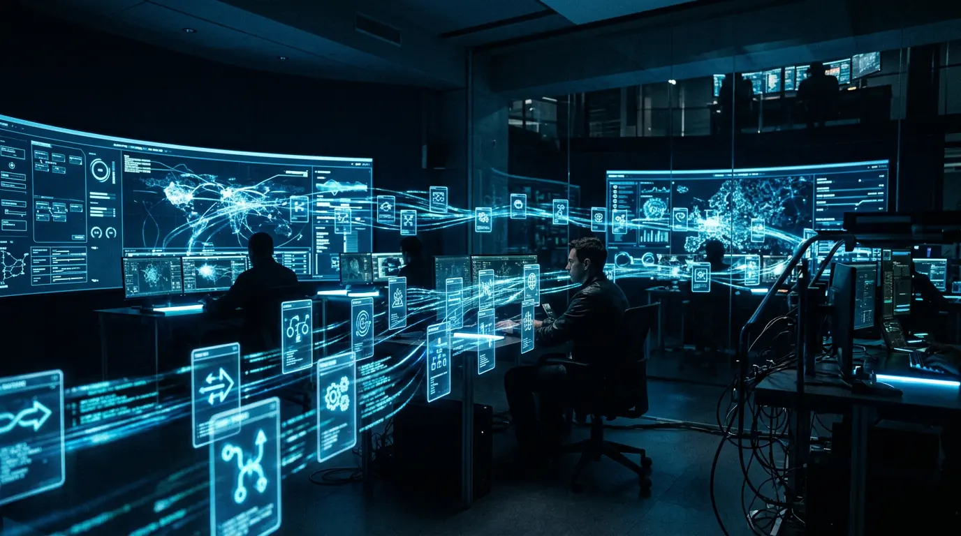 An operations room where holographic task cards flow between screens