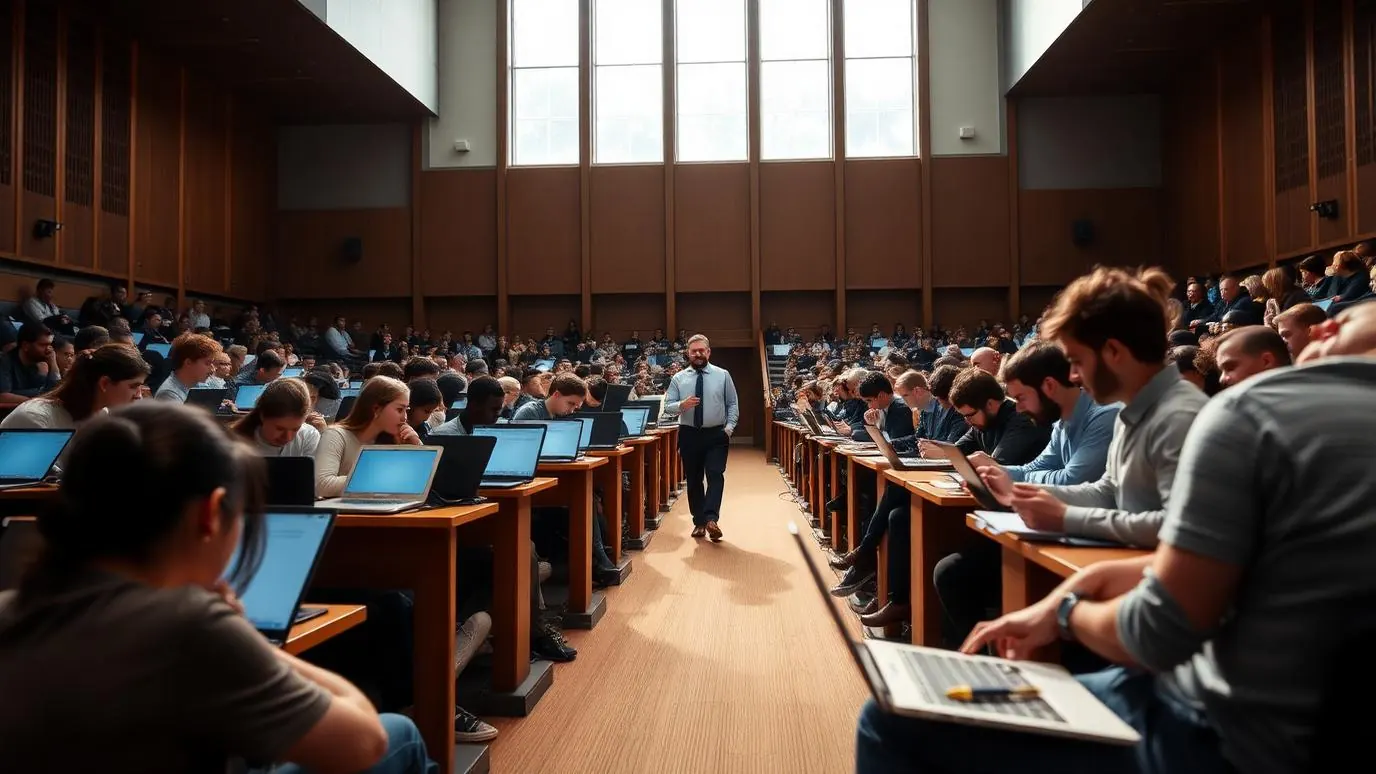 An empty university lecture hall with rows of wooden desks lit by afternoon window light