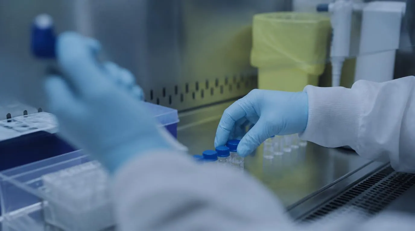 A researcher examining a DNA sequencing readout on a laboratory monitor
