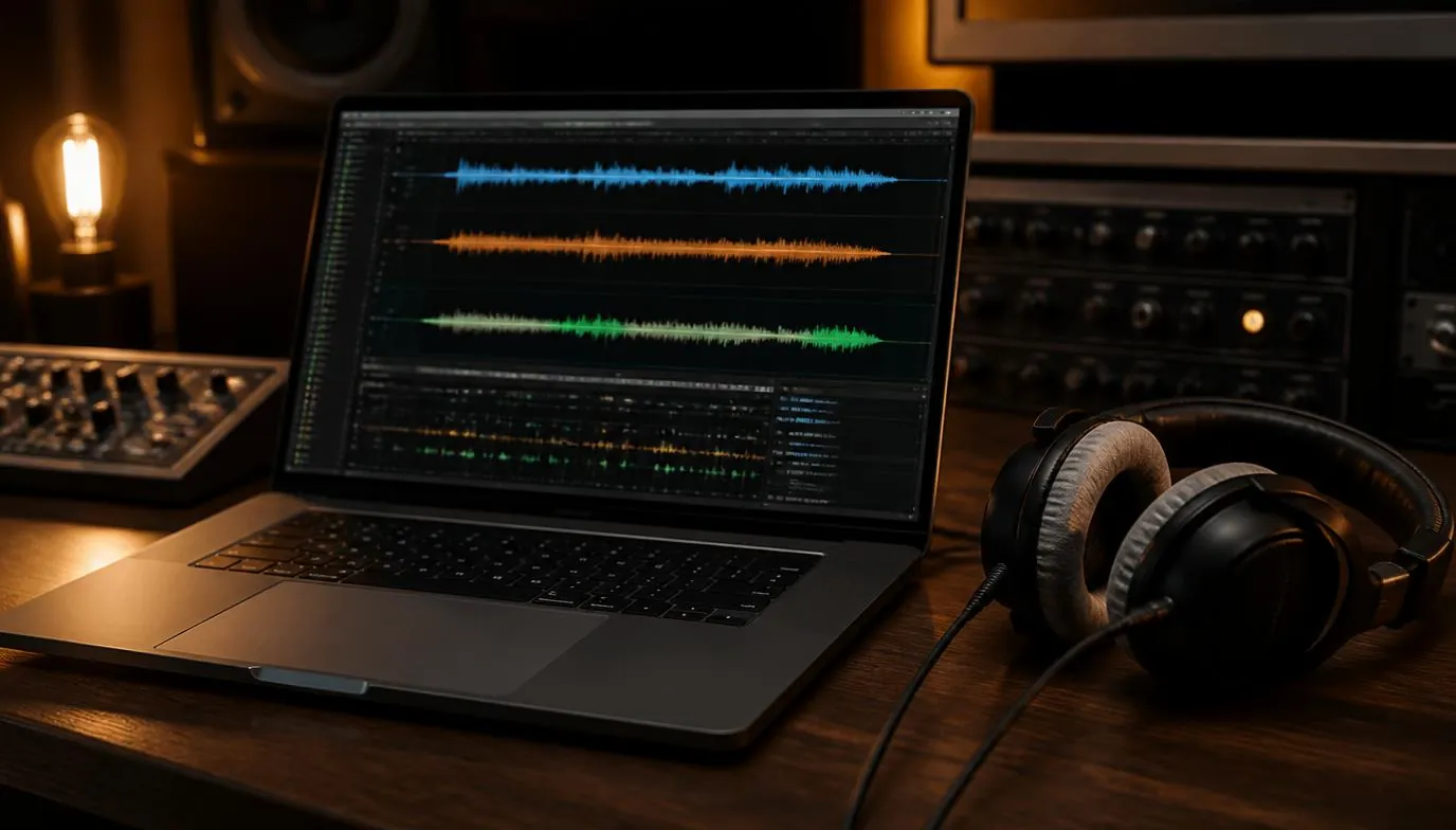 A laptop screen showing a music production interface with waveforms, next to studio headphones