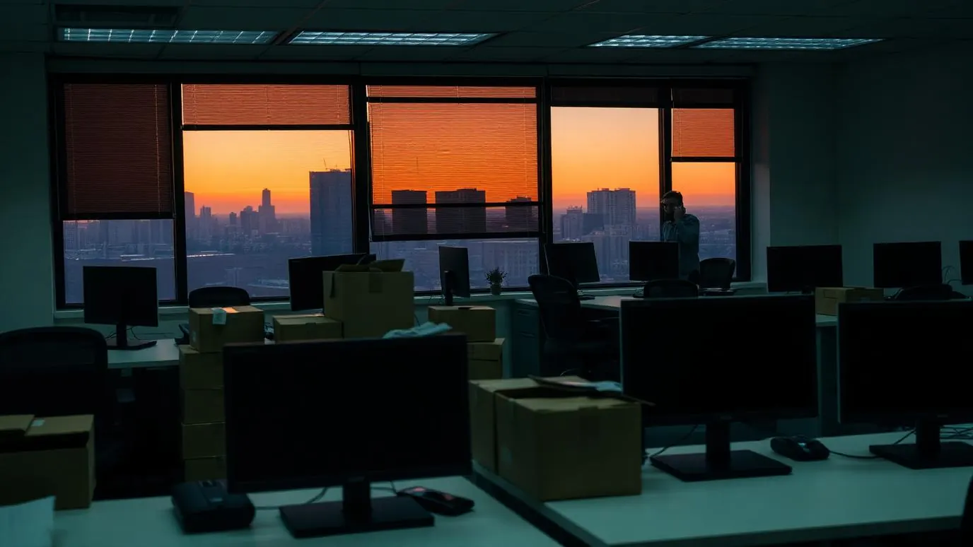 A dimly lit trading floor at night with a single illuminated terminal showing falling charts