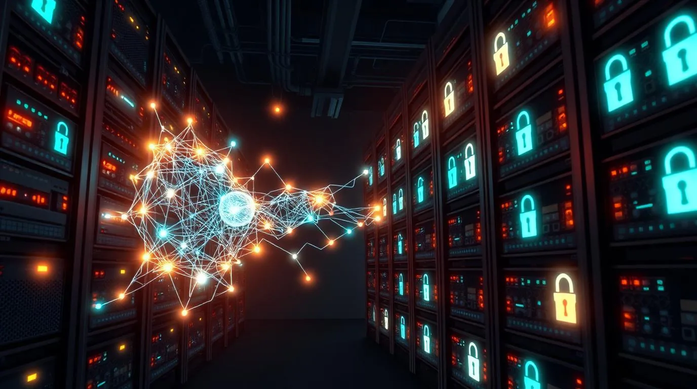 Abstract neural network lattice over a dark server room with amber warning light