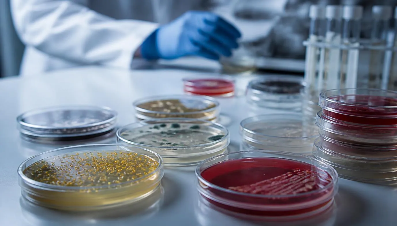 Petri dishes with bacterial cultures under laboratory lighting