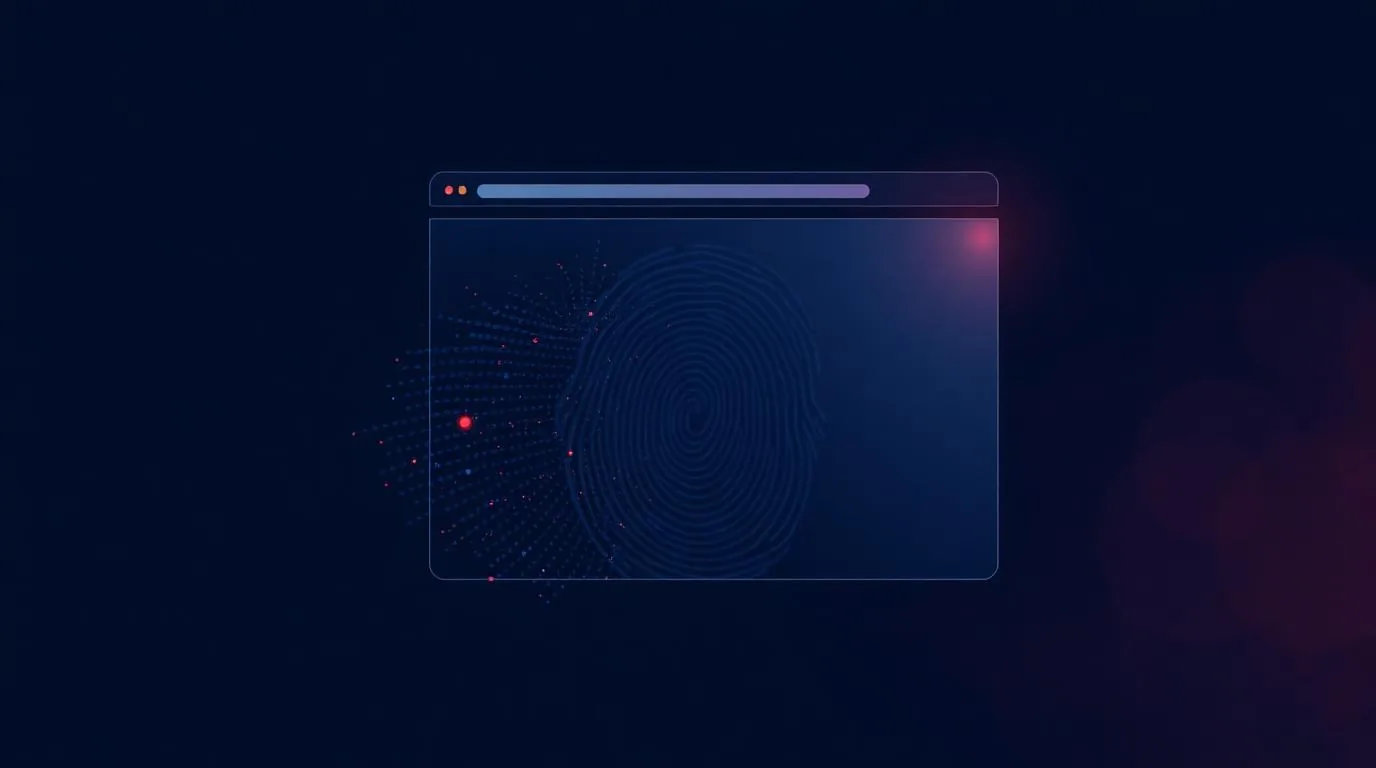 Multiple stacked browser windows with masked fingerprint patterns on a dark gradient