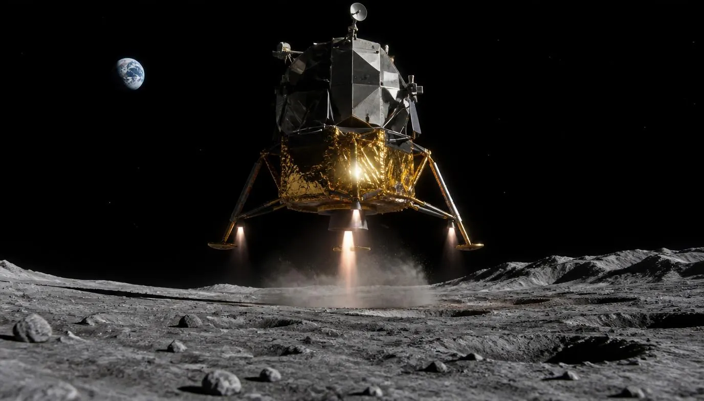 An illustration of a crewed lunar lander descending towards the Moon's surface with Earth visible in the background