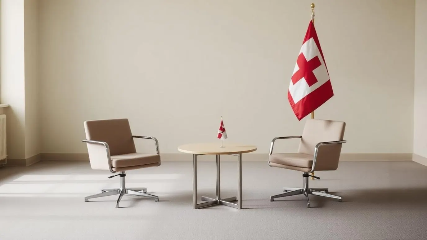 An empty formal meeting room with a long table, two chairs, and light filtering through closed blinds
