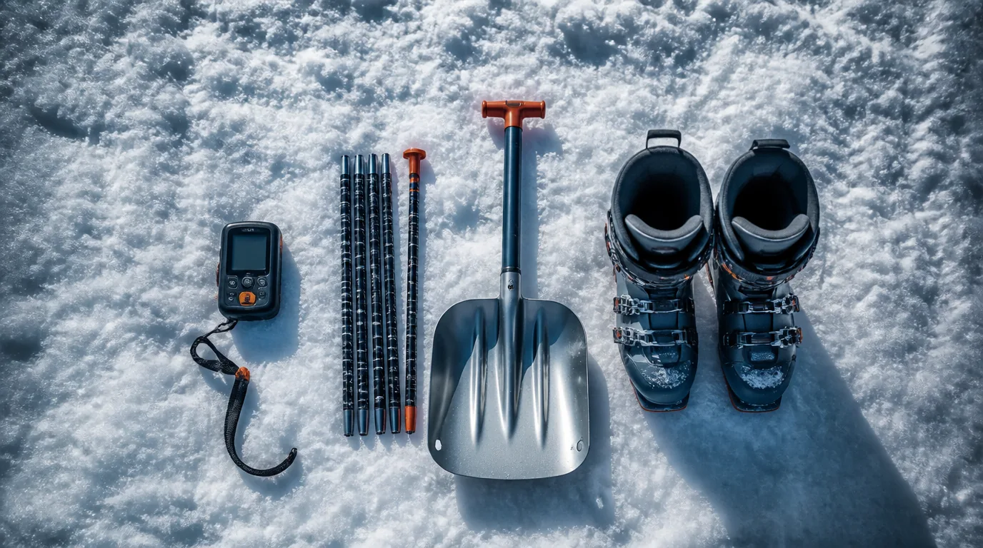 Avalanche transceiver, probe and shovel laid out on packed snow beside ski touring boots