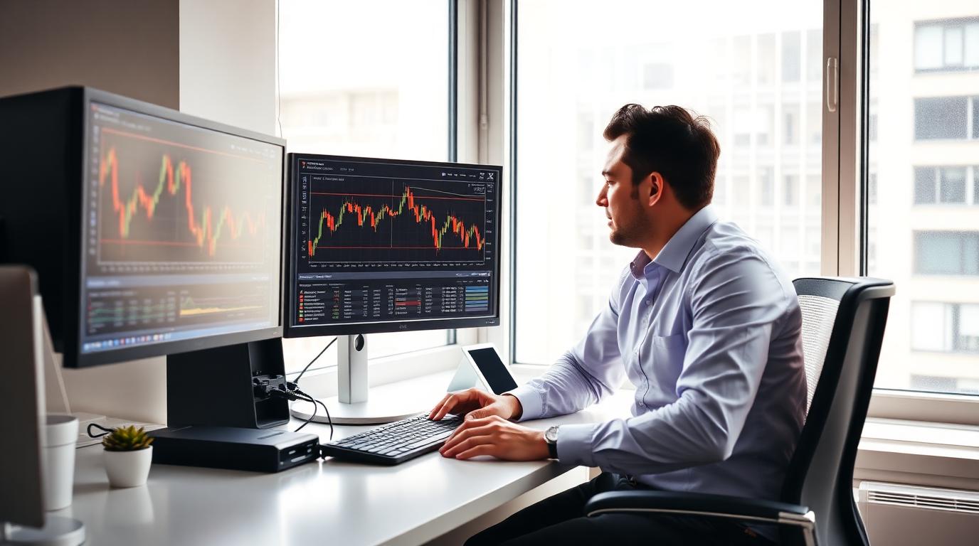 An analyst at a bright office desk reviewing volatile cryptocurrency charts on two monitors
