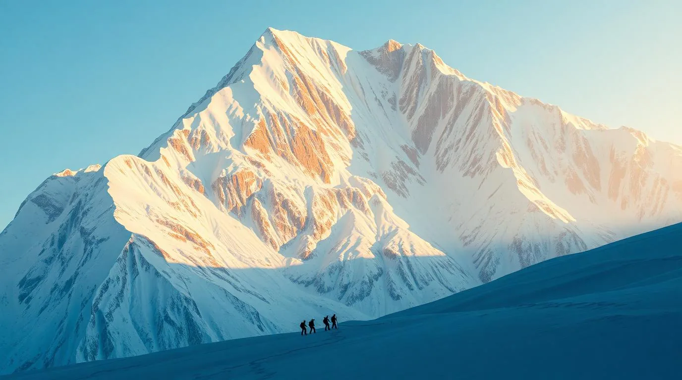 A lone climber silhouetted against a wind-scoured Himalayan ridge under a pale sky