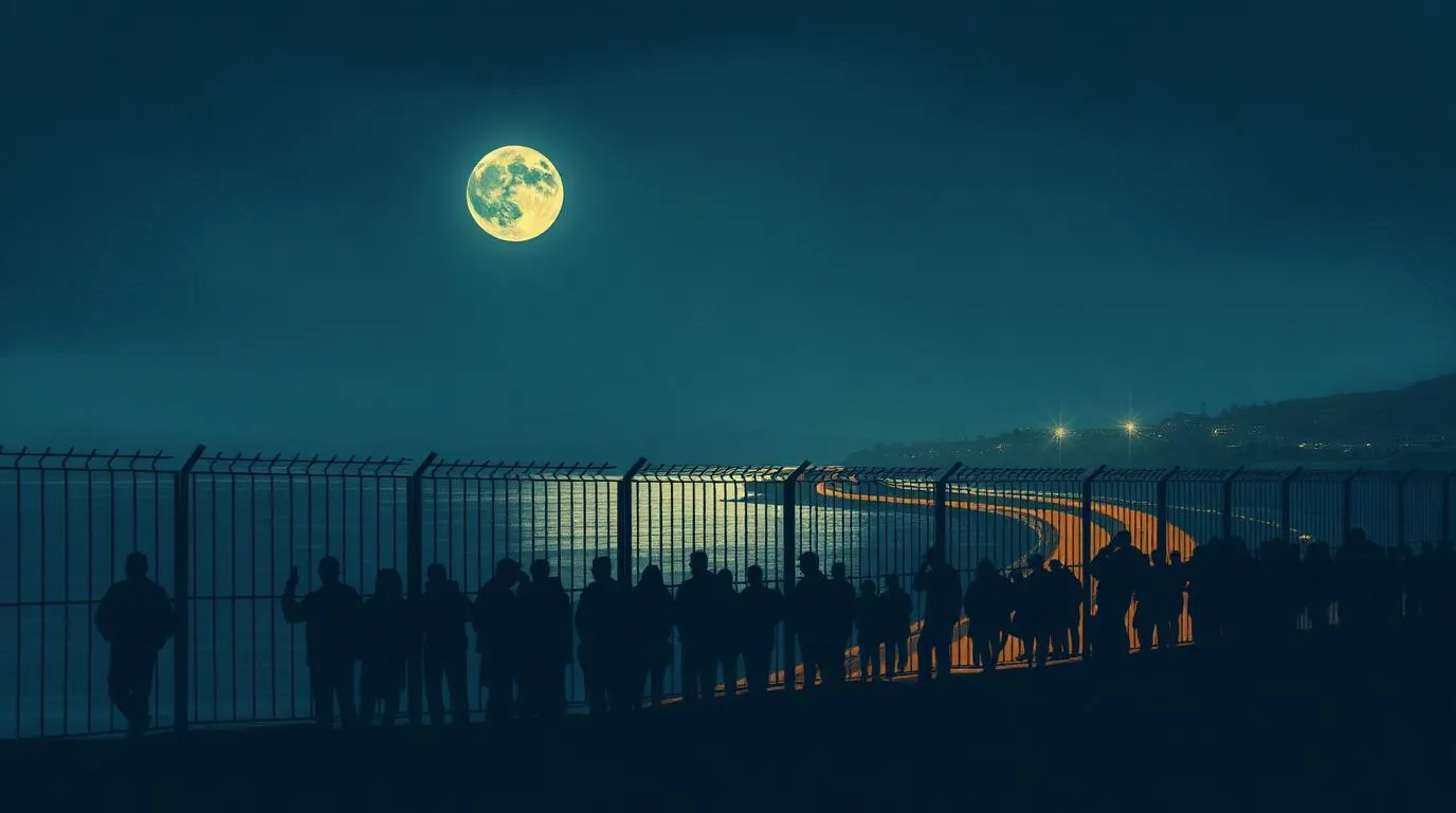 A floodlit coastal border fence at night with a distant crowd gathered along the shoreline