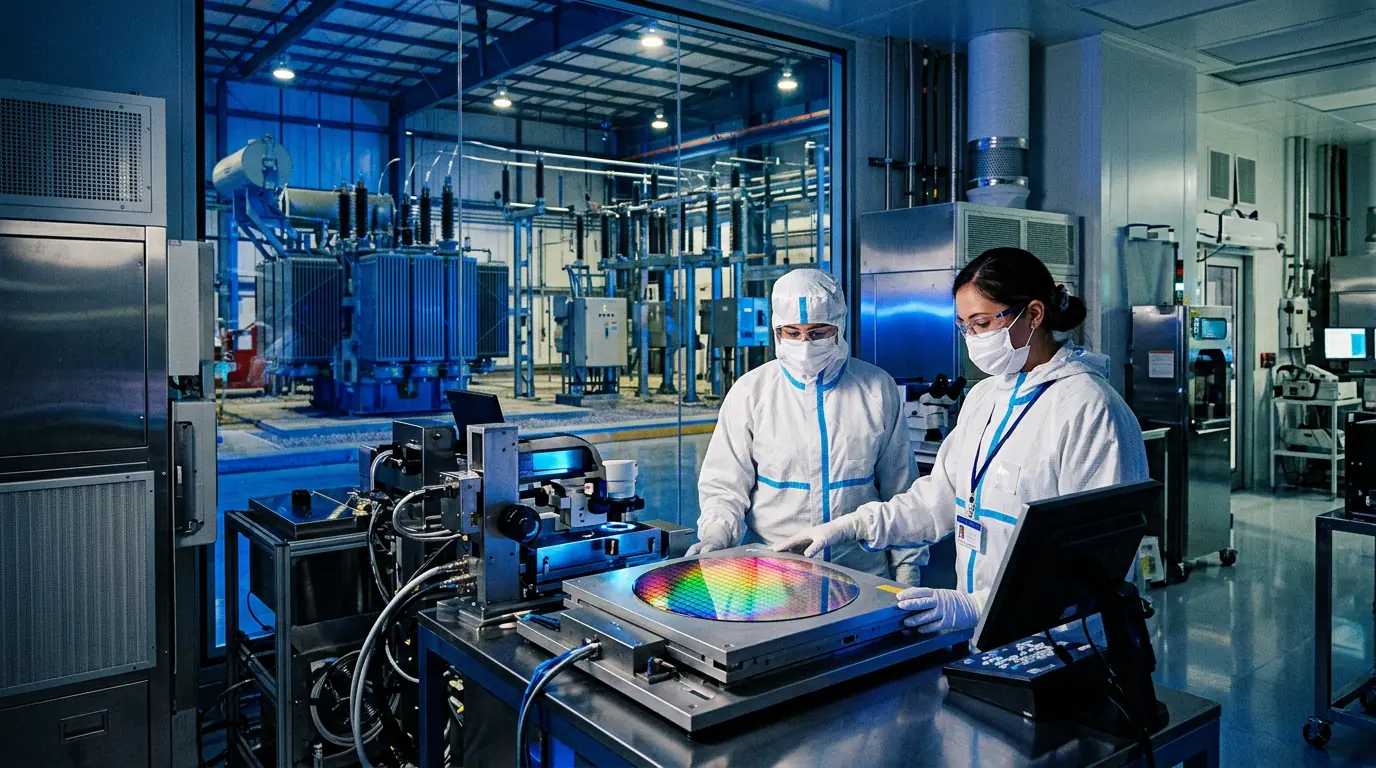 Cleanroom engineers inspecting a silicon wafer beside a substation