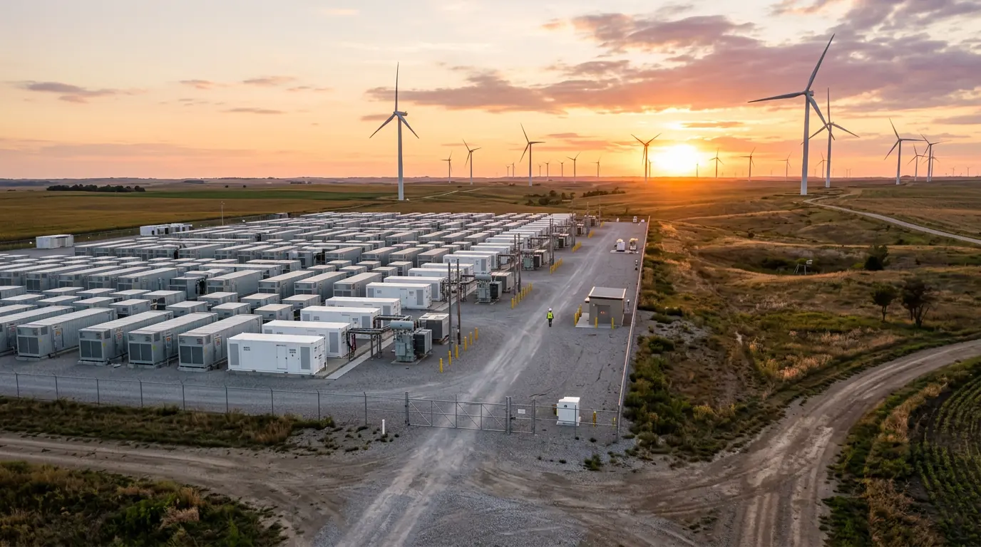 Grid-scale battery containers beside wind turbines at sunset
