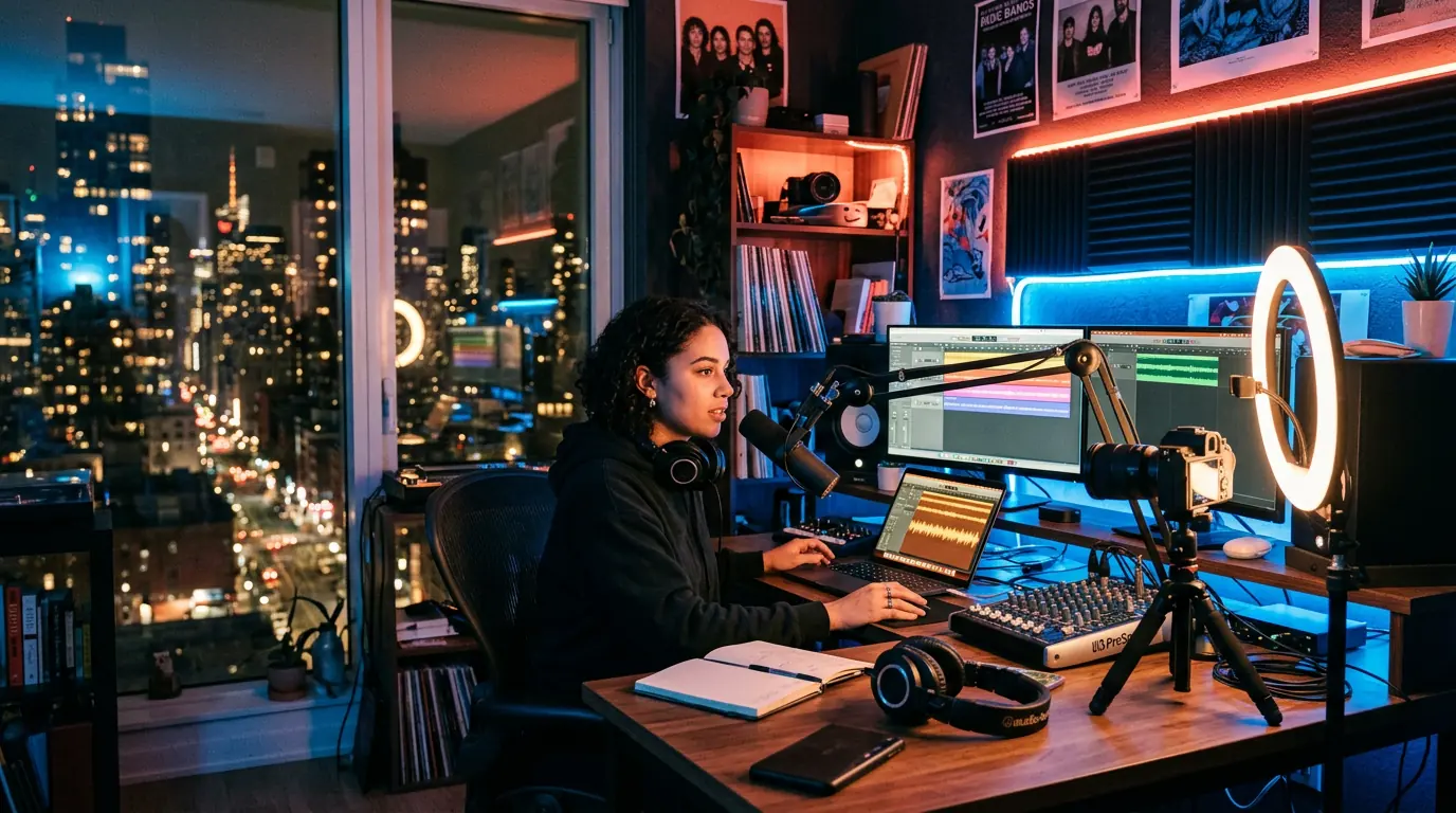 A creator recording in a home studio at night