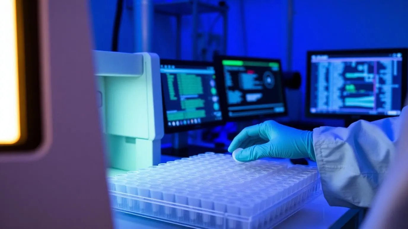 A gloved hand holding a sealed evidence sample tube under laboratory light