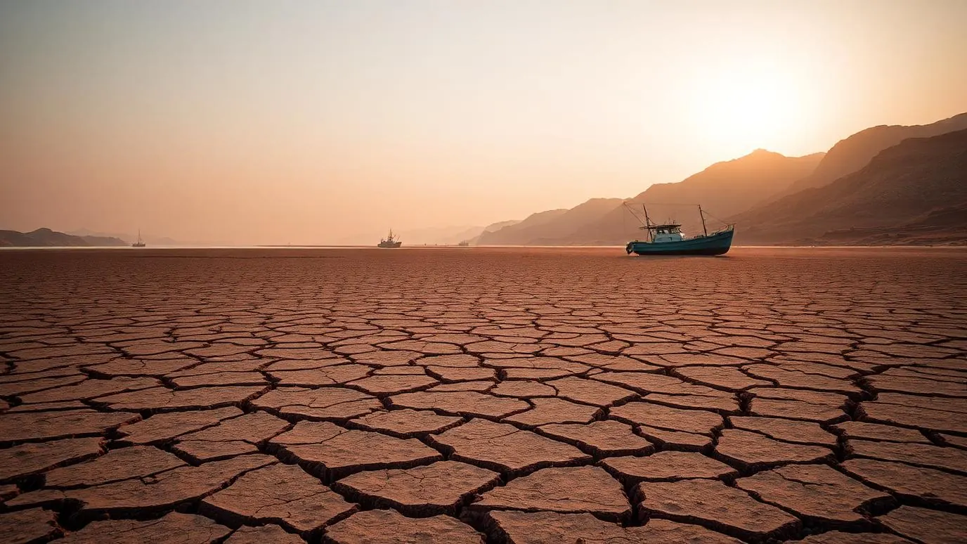 A cracked, dry riverbed stretching towards a hazy horizon under a bright sky