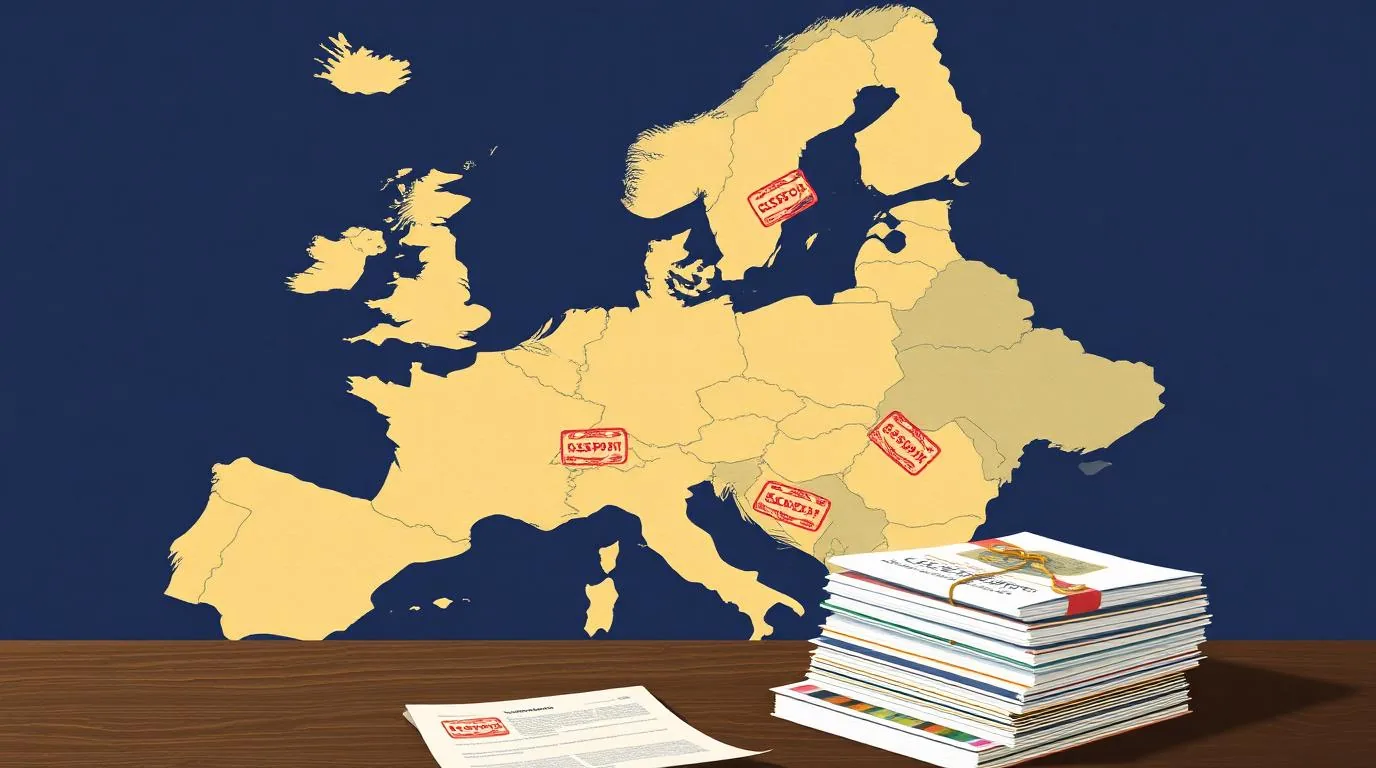 A paper map of Europe on a desk beside stacked policy documents and passport stamps