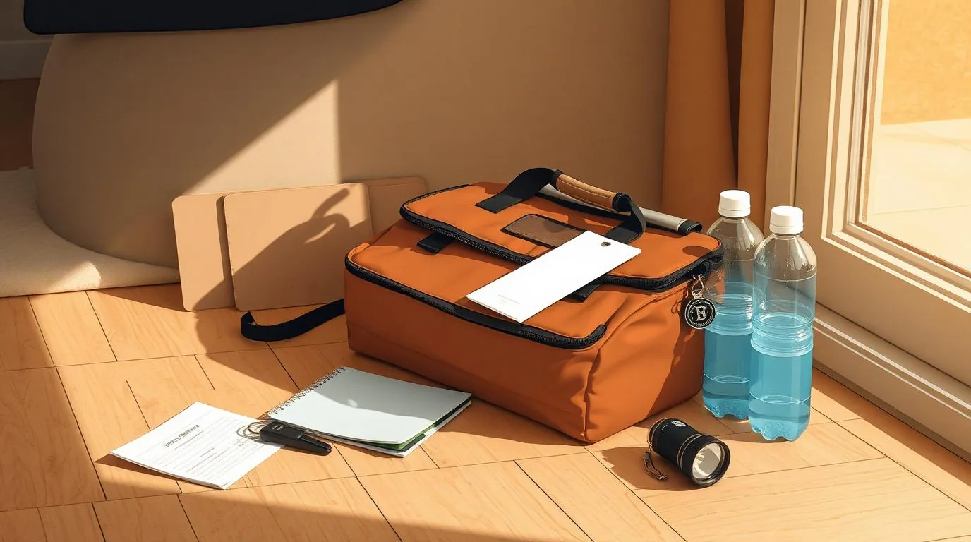 A packed emergency go-bag on a wooden floor beside car keys, documents and water bottles