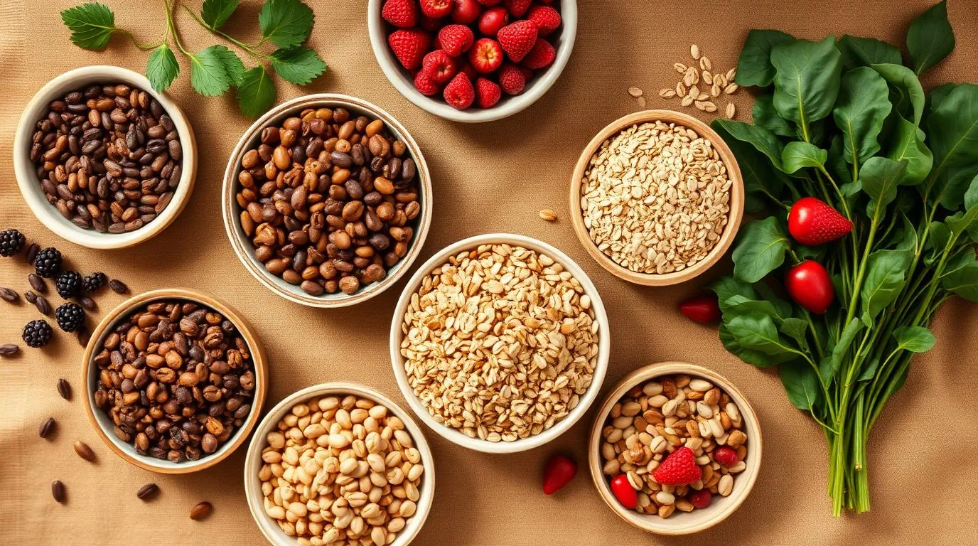 Overhead arrangement of lentils, oats, berries, seeds and leafy greens on a pale surface