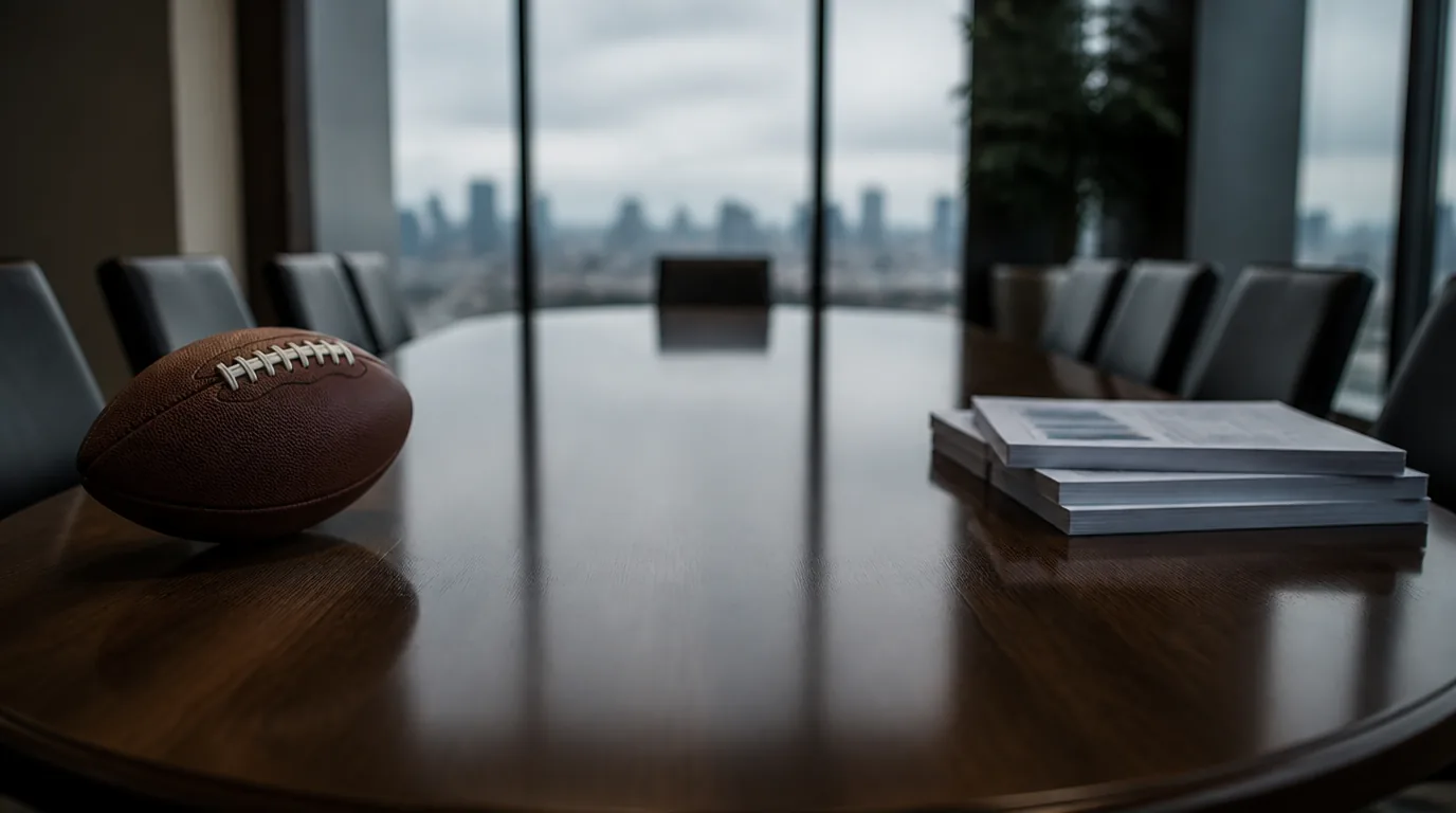An empty boardroom table with a football trophy silhouette and stacked financial reports
