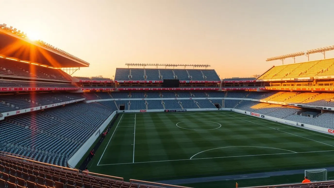 An empty football stadium at dusk with floodlights on and rows of seats fading into shadow