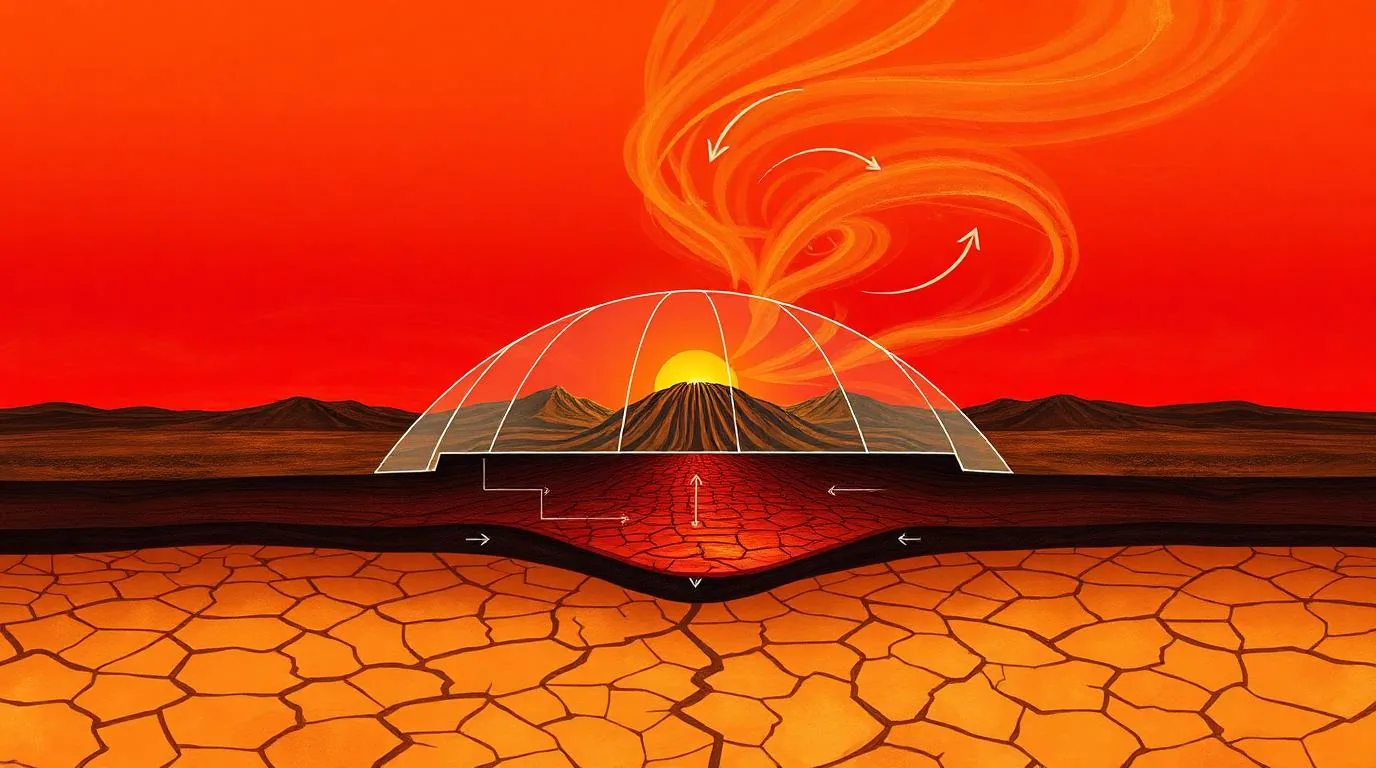 Illustration of a heat dome over cracked dry ground with wind arrows and a red gradient sky
