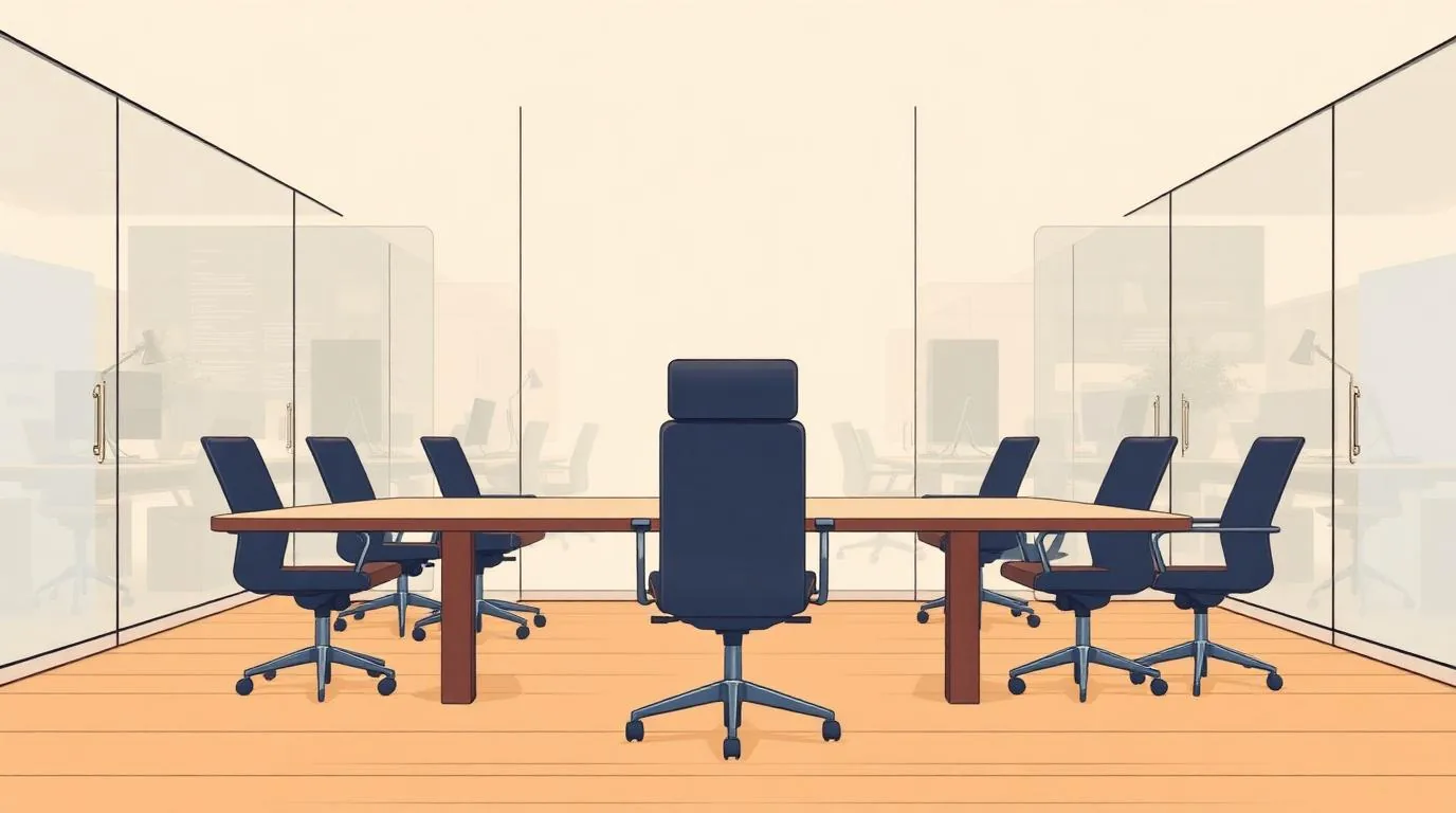 A modern meeting room with an operating dashboard on screen and two empty chairs at a light wood table