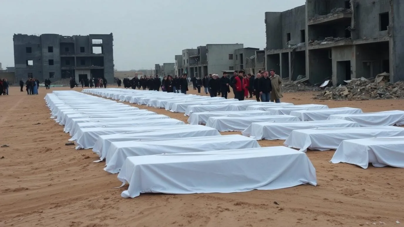 Rows of shrouded bodies laid out in a courtyard ahead of a mass burial, mourners standing at a distance
