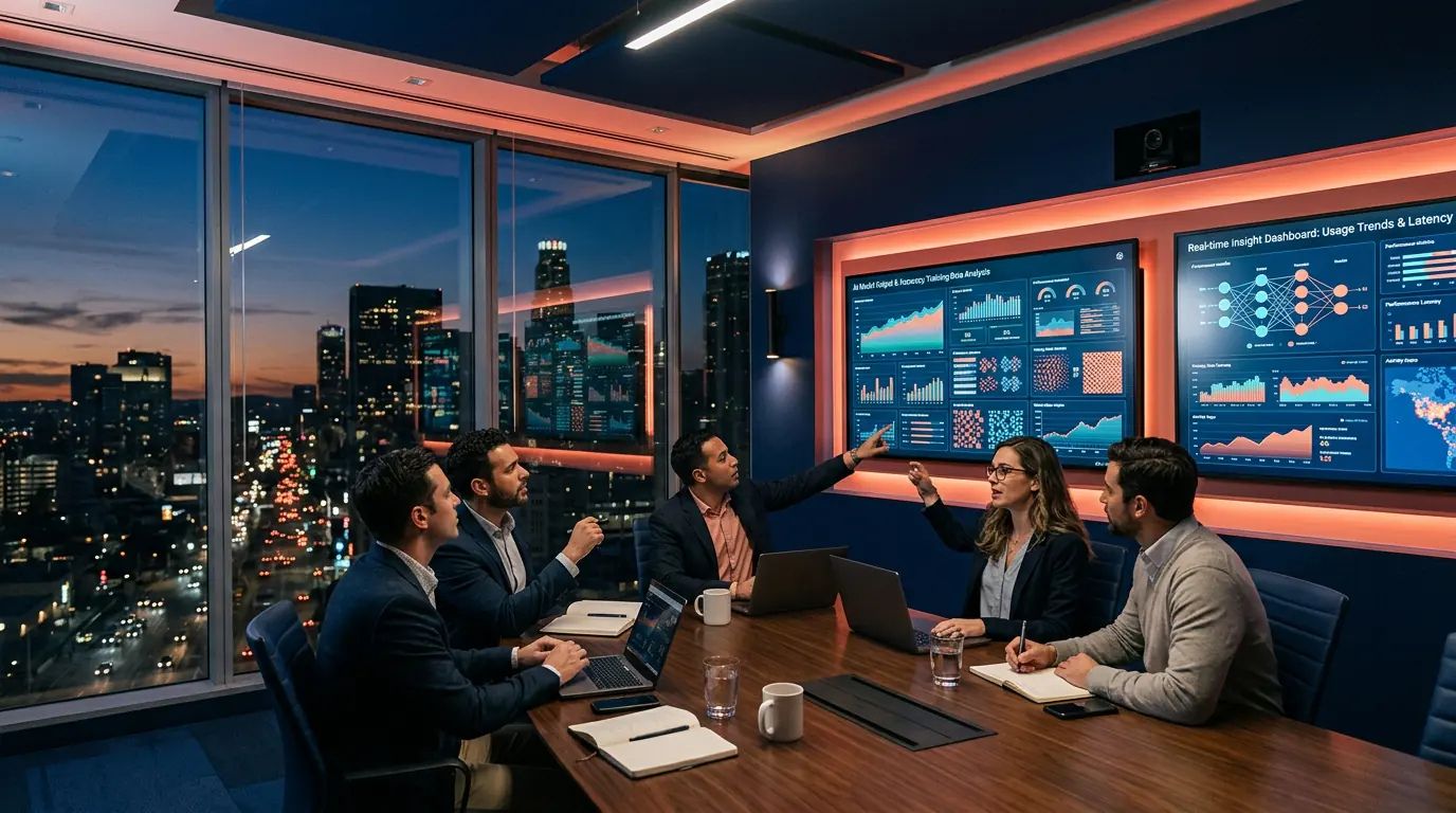 Executives reviewing AI dashboards in a boardroom at dusk