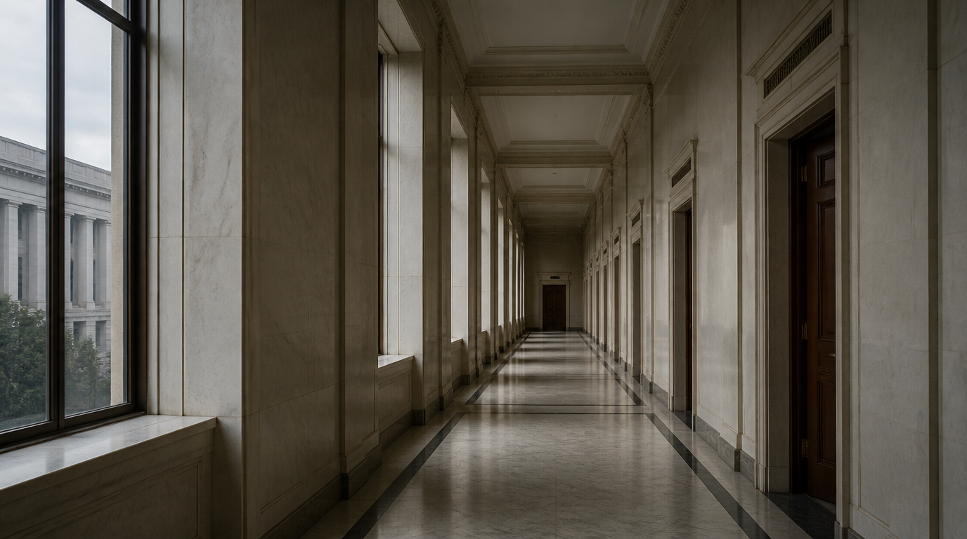 The exterior of a federal government building with a closed sign visible at the entrance