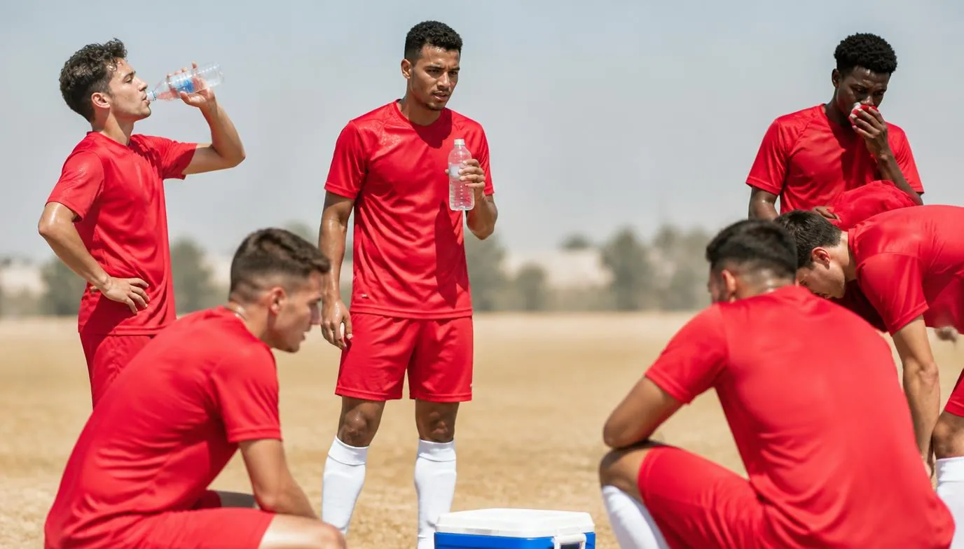 Players pausing for a hydration break on a sun-baked pitch during a daytime fixture