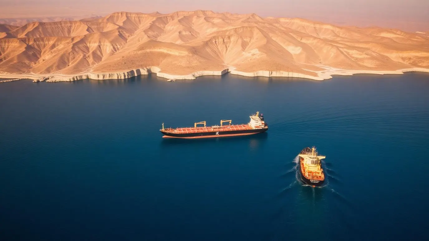 A large oil tanker at sea under a hazy sky with a smaller escort vessel in the distance