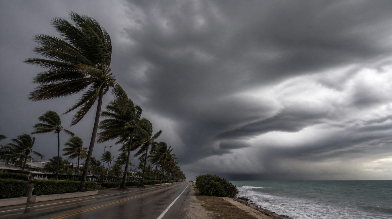 Satellite-style view of a large tropical storm system over open ocean