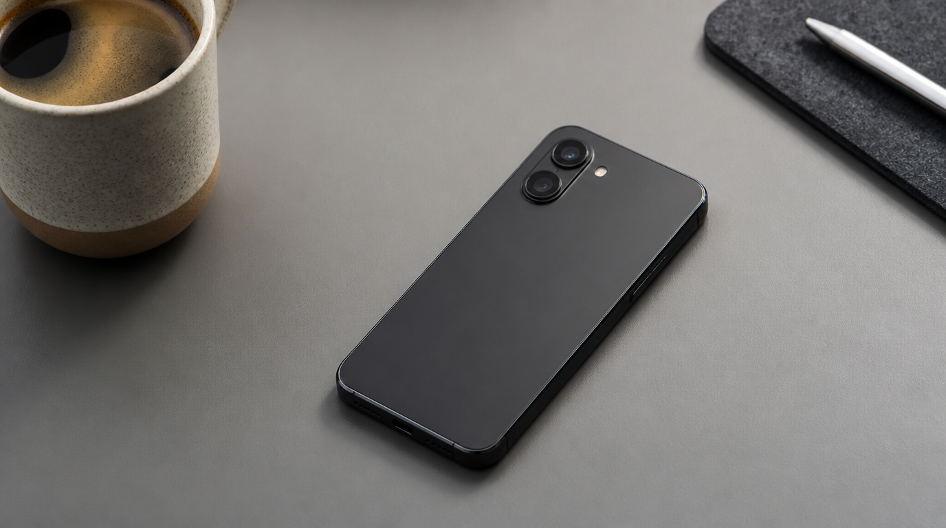 A minimalist studio shot of a smartphone on a pale grey background