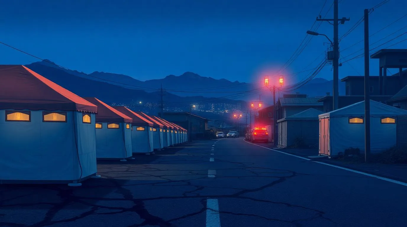 Emergency shelter tents lining a cracked road in a Japanese coastal town at blue hour