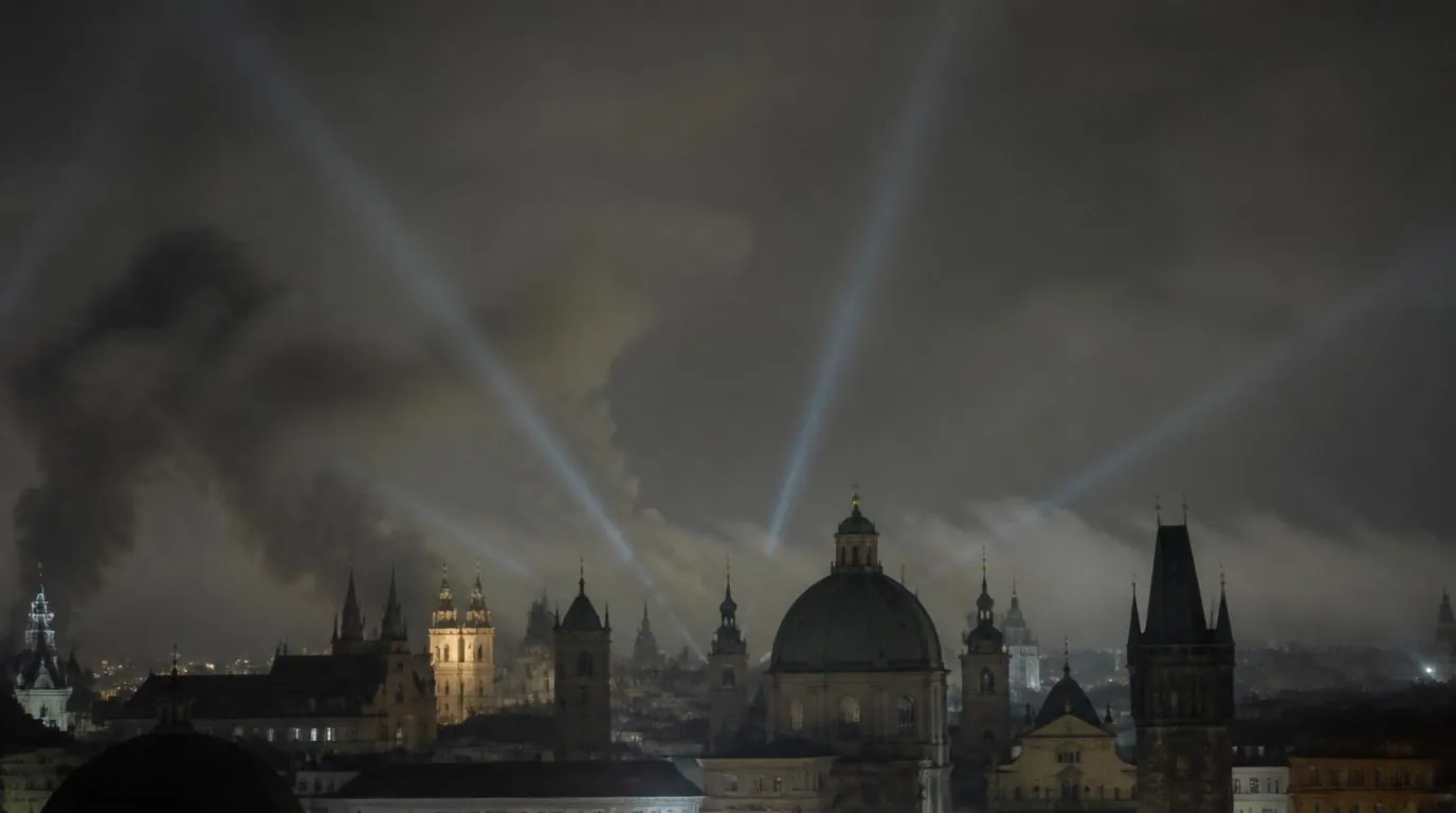 Smoke rising over a damaged residential building in a European city at night