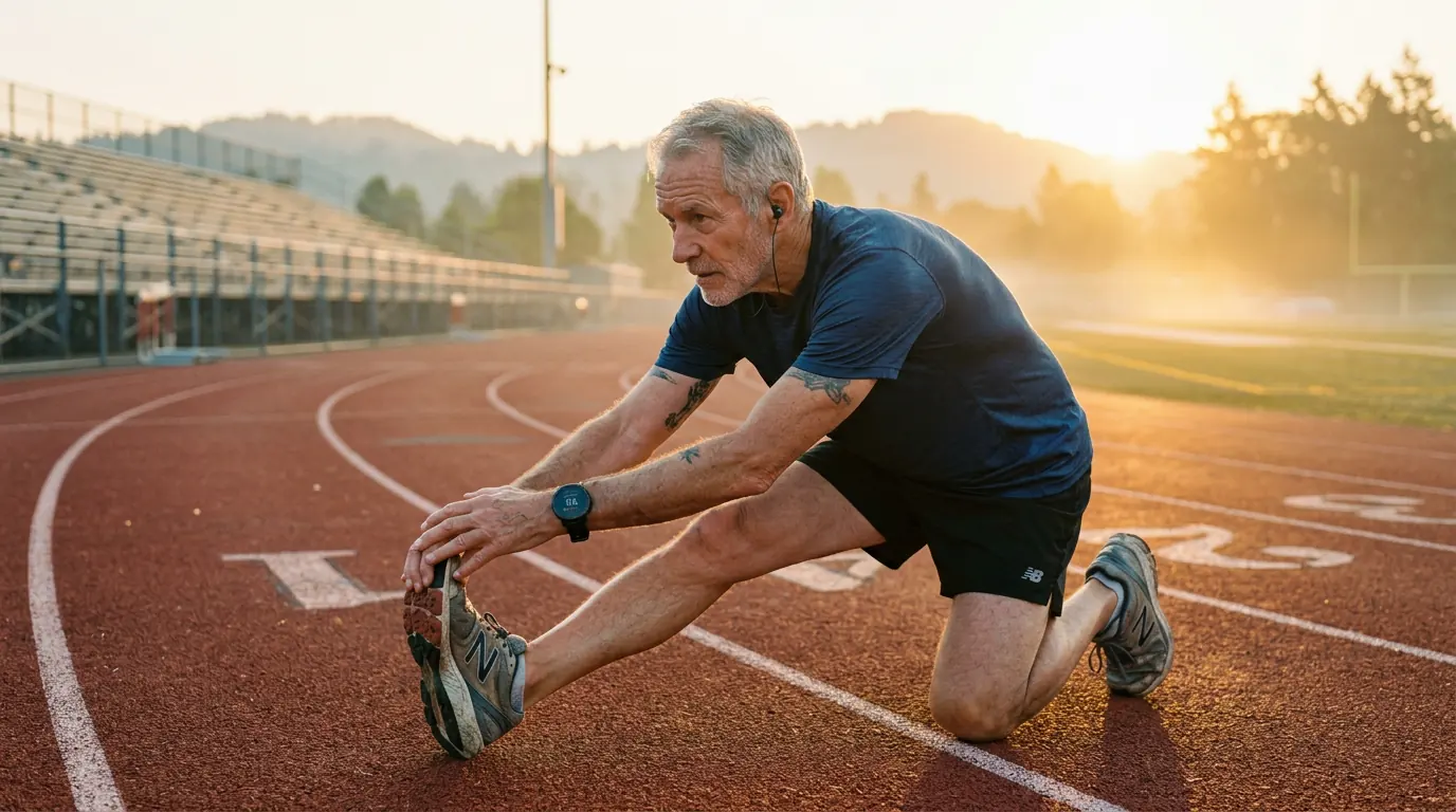 An older athlete stretching on a running track at sunrise
