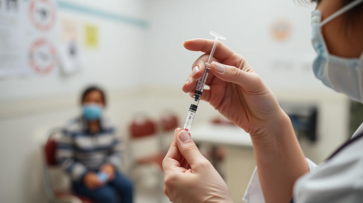 A public health nurse preparing a vaccine dose at a community clinic