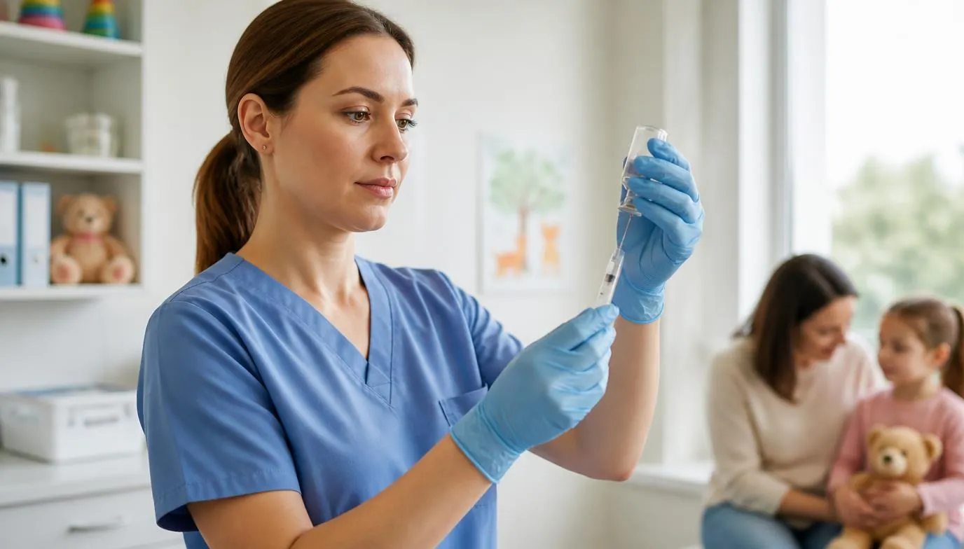 A paediatric nurse preparing a vaccine dose in a clinic setting
