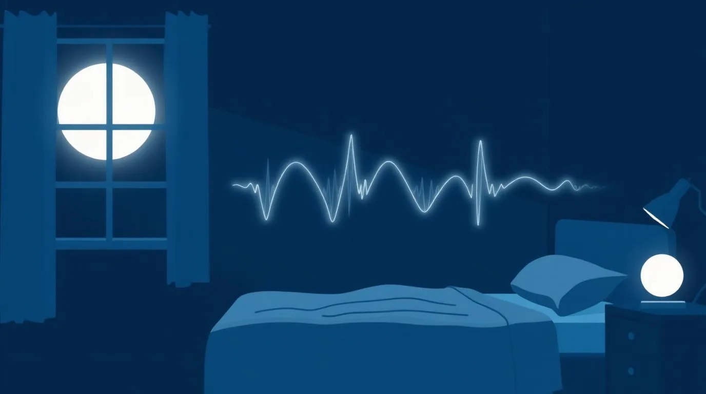 A dim bedroom at night with soft linen bedding and a bedside lamp casting warm light