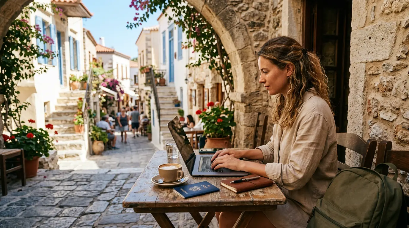 A remote worker with a laptop and passport at a sunlit cafe table