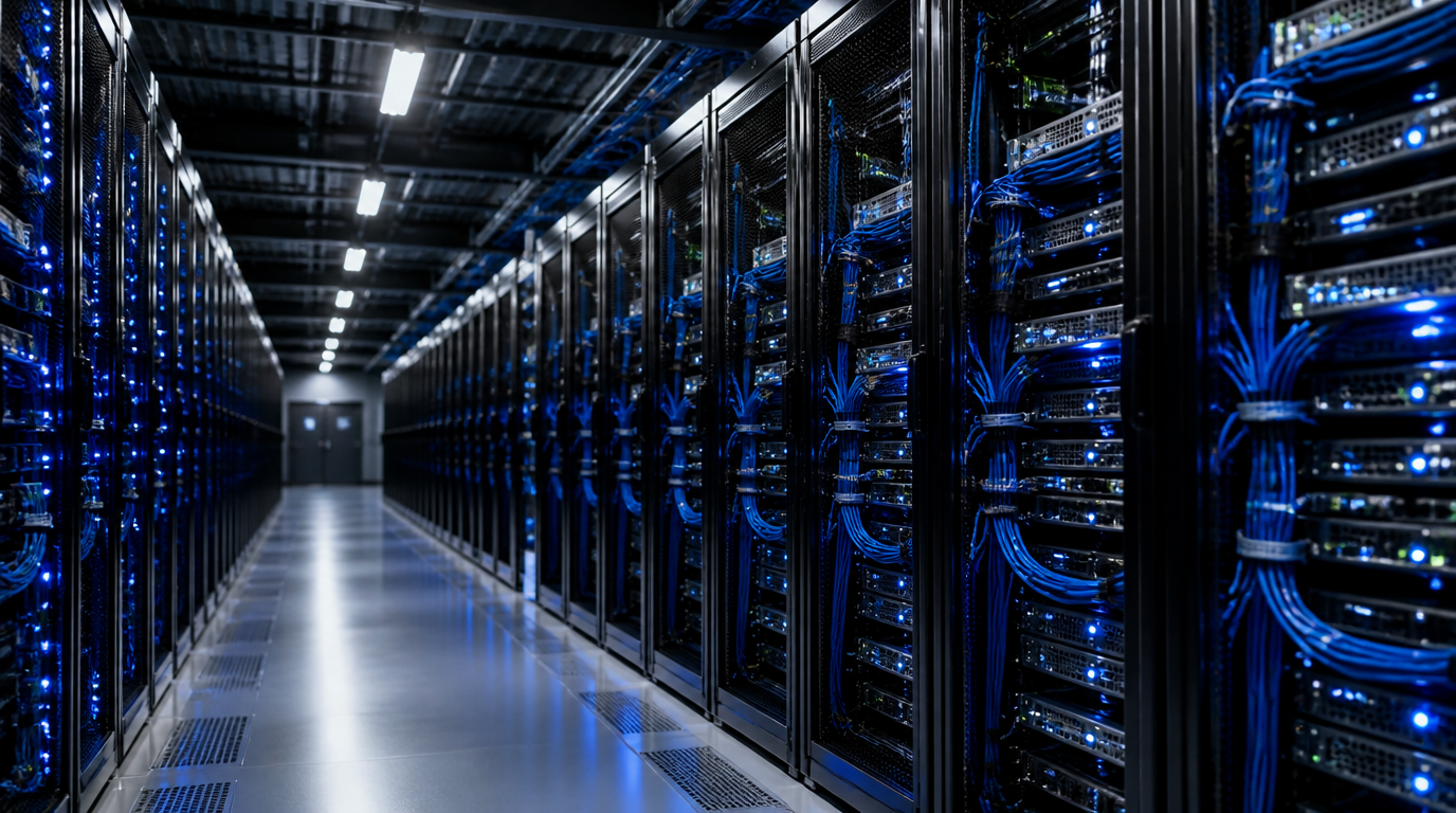 Rows of server racks with GPU accelerators in a data centre