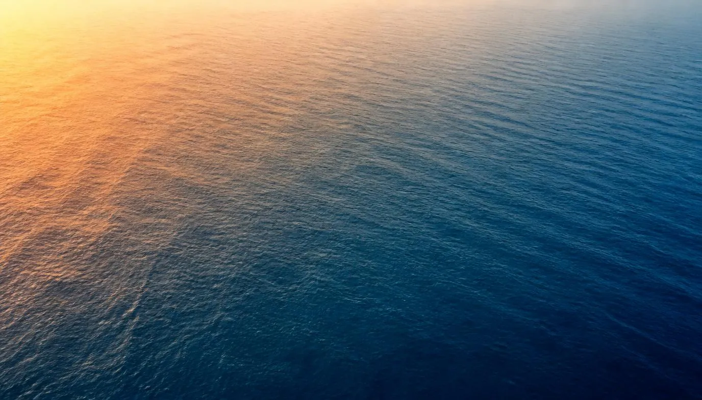 A wide aerial view of open ocean water with a subtle thermal-imaging colour overlay suggesting temperature variation