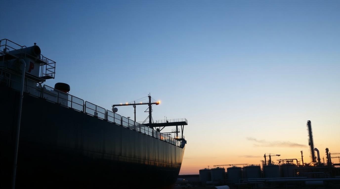 An oil tanker at a terminal at sunrise with storage tanks in the background