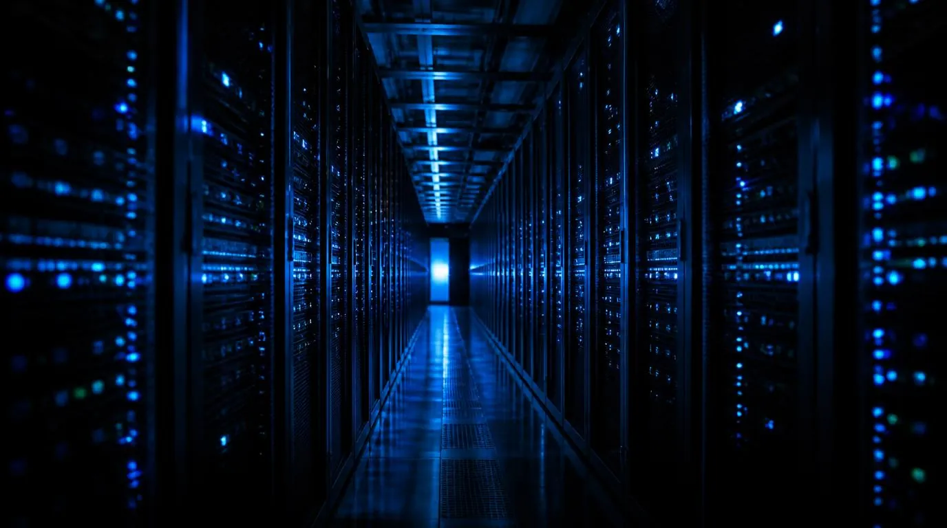 Rows of server racks in a dimly lit data centre
