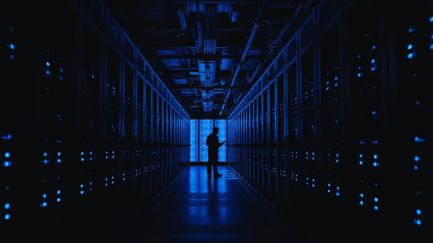 A dim server room corridor with a single open cabinet door and a red status light