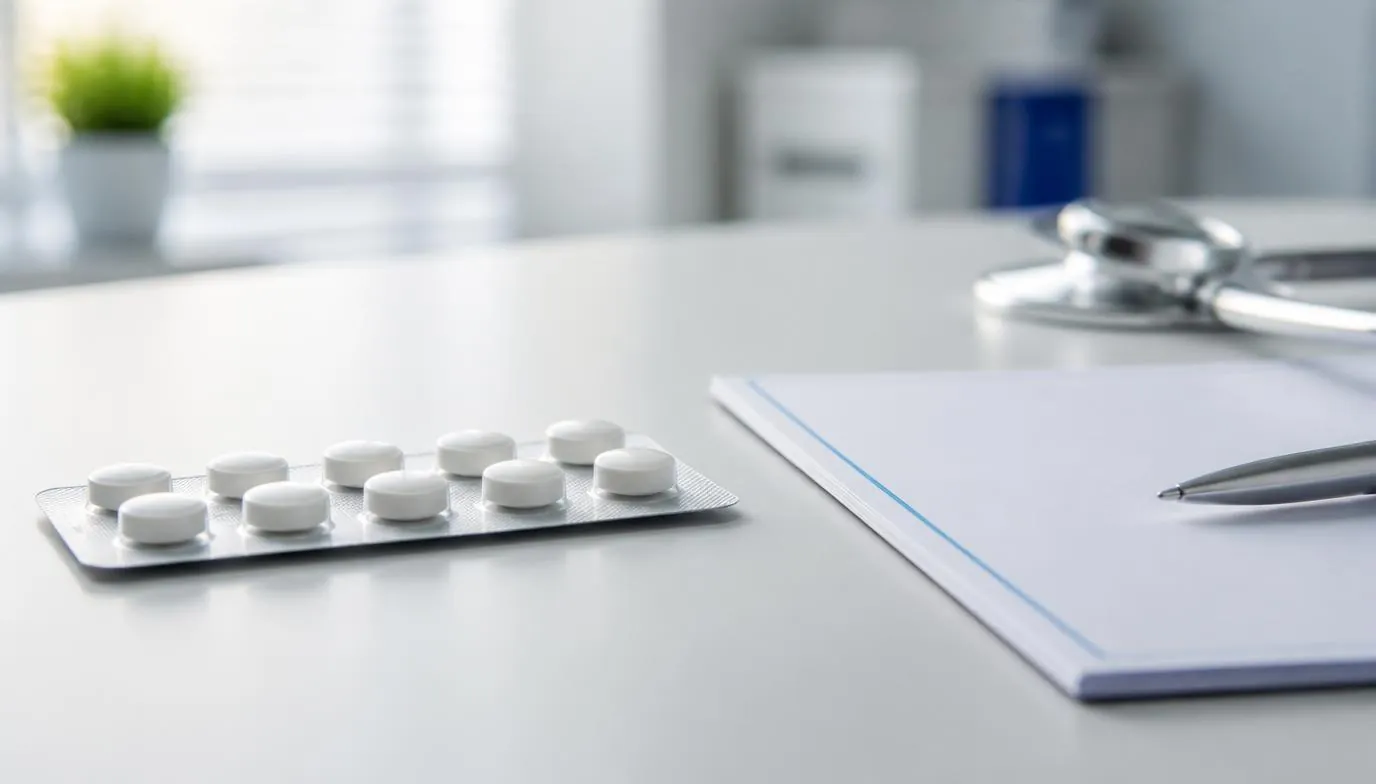 A blister pack of tablets beside a prescription pad on a clinical desk