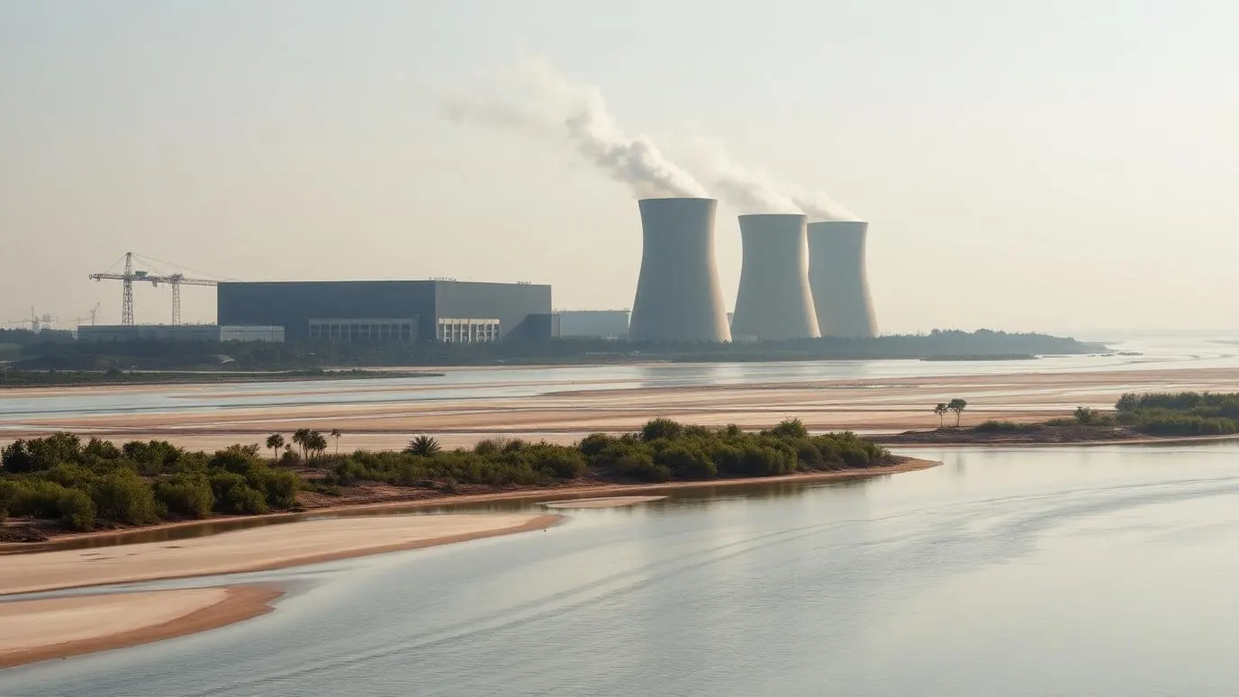 A wide, low river with exposed sandbanks and a distant industrial cooling structure on the horizon