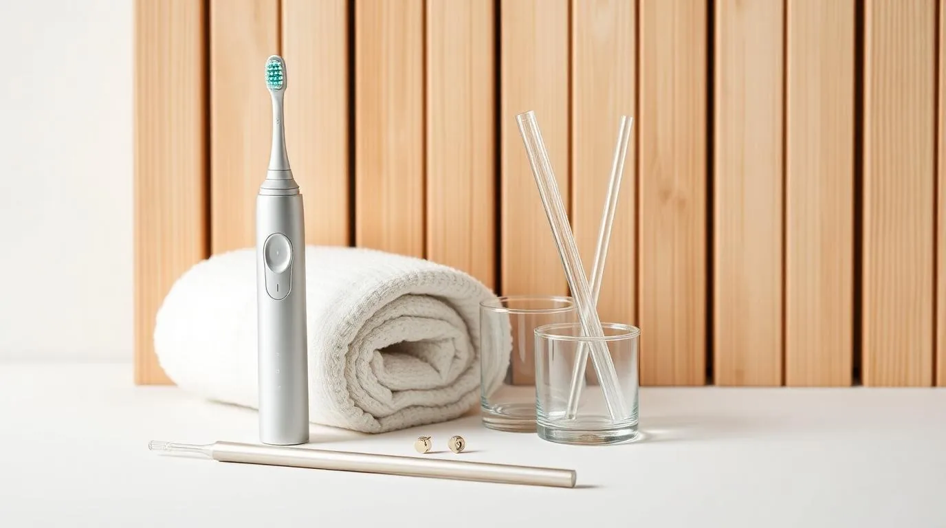 A minimal flat-lay of a sustainable electric toothbrush and glass drinking straws on stone
